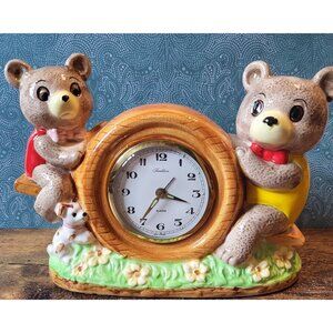 Vintage Seesaw Bears & Puppy Children's Room Table/Shelf Clock Glow in the Dark